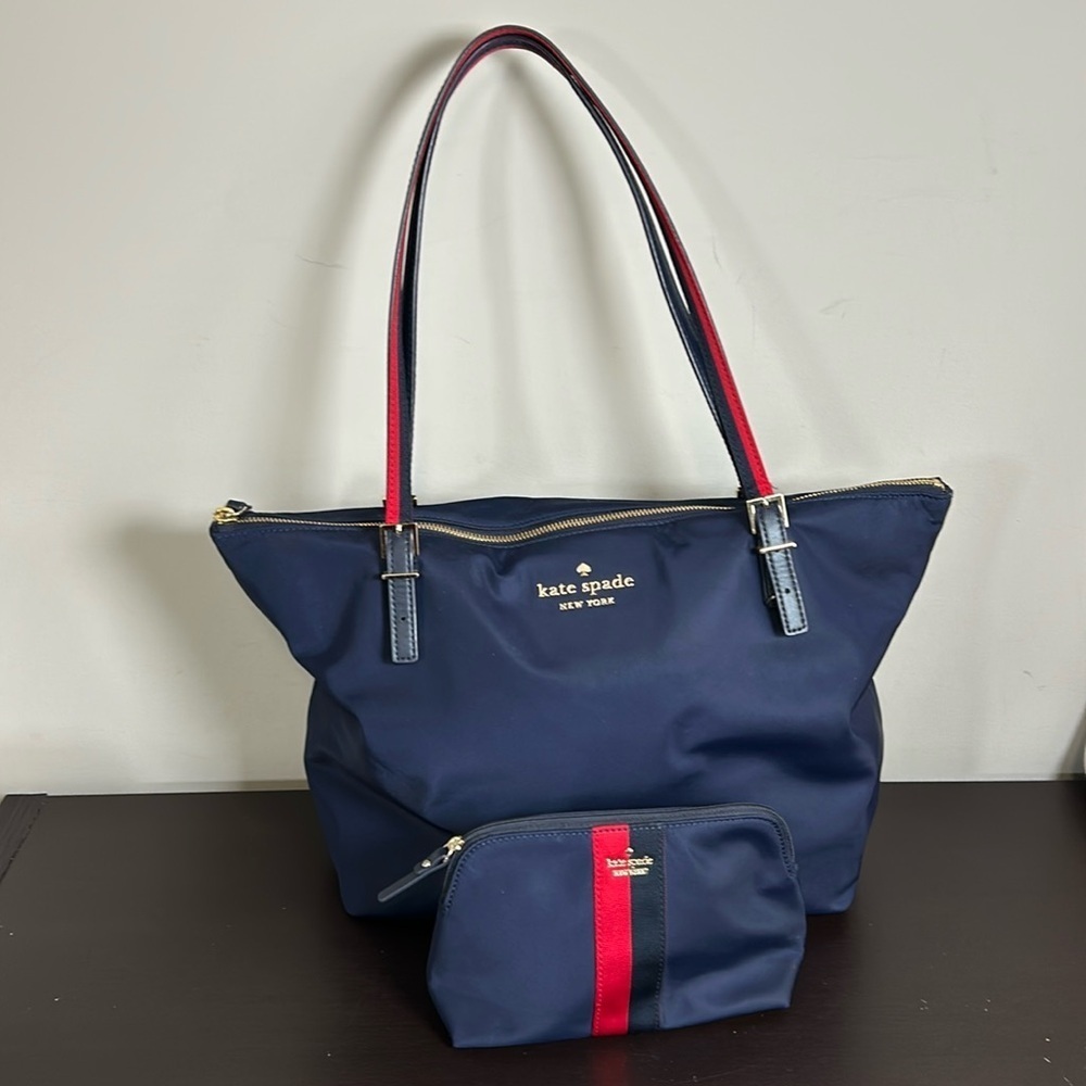 Kate Spade Watson Purse Lane Varsity Stripe Maya Bag Navy Blue AND Cosmetic Bag